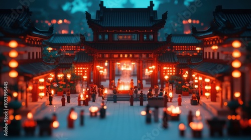 Lanterns Illuminate Courtyard at Night