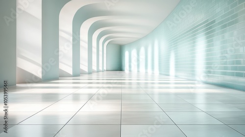 A serene and minimalist corridor features teal tiles illuminated by soft natural light casting intricate shadows, creating a calming and open atmosphere.