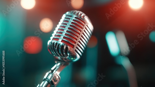 A classic, vintage microphone set against a backdrop of colorful bokeh lighting, creating a warm and inviting atmosphere perfect for music lovers and performers. photo