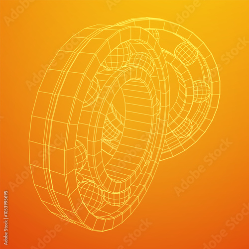 Roller bearing. Circular round rotating bearings used in industry for heavy equipment mechanical work and engineering. Wireframe low poly mesh vector illustration.