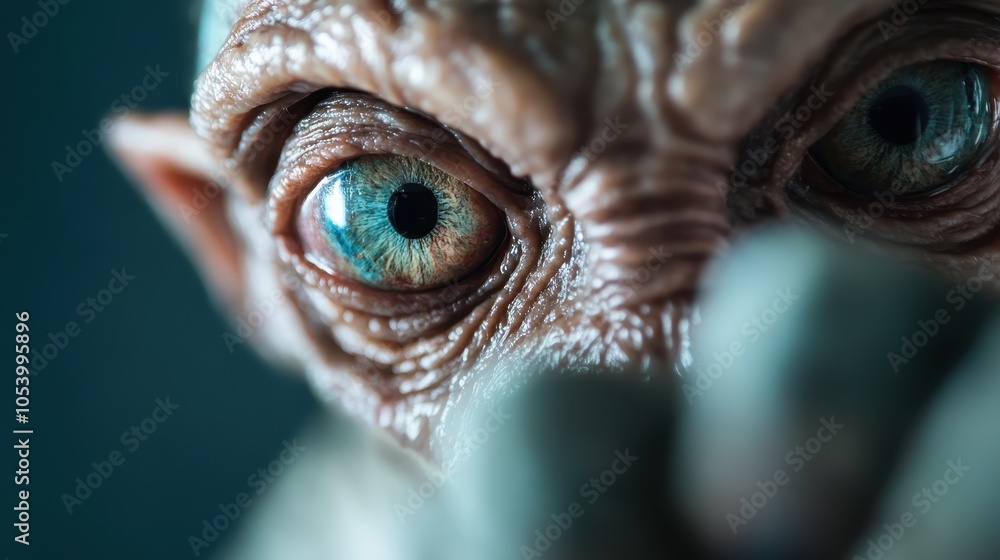 A striking and detailed close-up of a human-like, yet alien, eye peering forward with intensity and intrigue, highlighting its vivid colors and textures. A striking and detailed close-up of a human-like, yet alien, eye peering forward with intensity and intrigue, highlighting its vivid colors and textures.