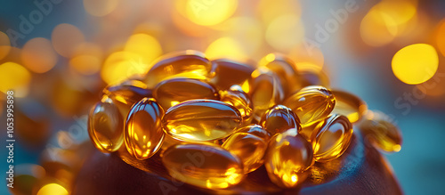 Fish oil omega-3 yellow capsules close up. Health care theme.