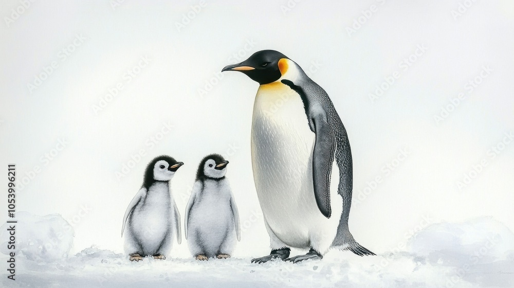 Obraz premium Soft watercolor illustration of penguin family on ice, with calm colors and delicate brushstrokes.