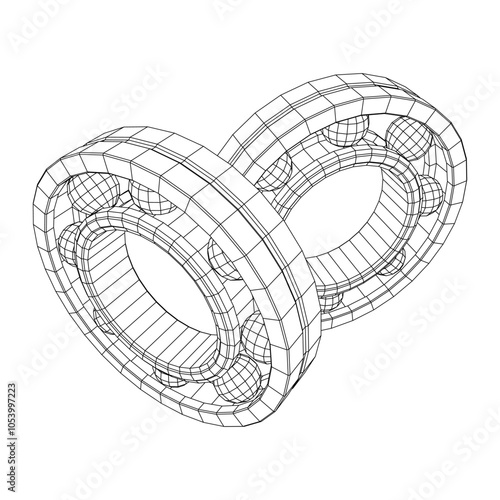 Roller bearing. Circular round rotating bearings used in industry for heavy equipment mechanical work and engineering. Wireframe low poly mesh vector illustration.