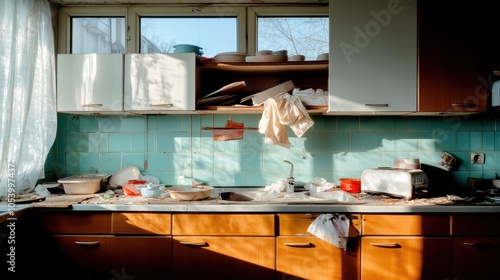 A neglected kitchen with cluttered shelves and sunlight filtering through the window, casting shadows across the worn countertops and abandoned appliances. photo