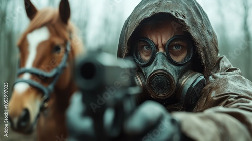 A mysterious individual in a gas mask points a gun, standing beside a horse amid a forest. The haunting scene evokes tension and readiness for conflict.