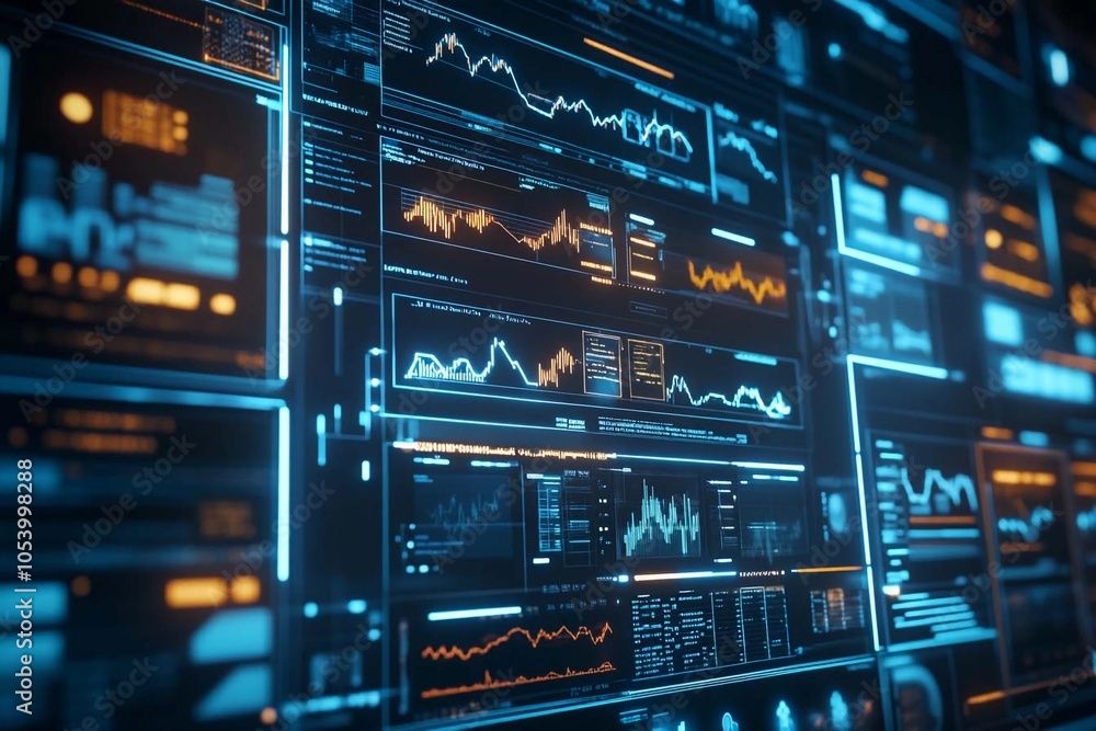 Obraz premium Dynamic data visualization panels glowing in a tech-savvy environment. Generative AI