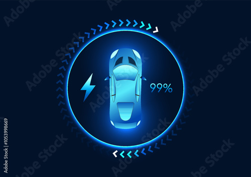 Electric Vehicle Technology The car screen shows the status of the battery charge, along with an arrow, indicating that the car is powered by electric power instead of gasoline. It is green energy.