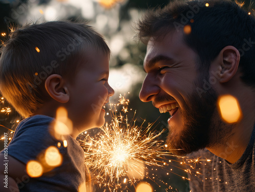 Close-up of a father and son setting off fireworks together