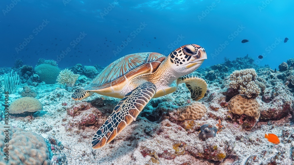 Fototapeta premium Turtle gliding over seabed filled with vibrant coral and fish, capturing diverse ocean life in detail.