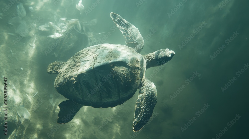 Fototapeta premium Turtle underwater, surrounded by plastic pollution, highlighting environmental challenges in the ocean.