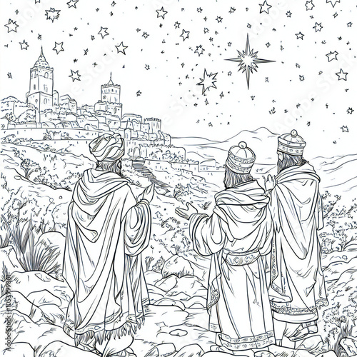 Three Wise Men Journeying to Bethlehem  Intricate Christmas Coloring Page Depicting Traditional Nativity Scene with Stars and Ancient City Landscape