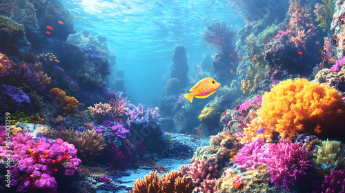 An Artistic Representation Highlighting the Vibrant Coral Ecosystem with the Stunning Orchid Dottyback Among Rich Marine Biodiversity photo