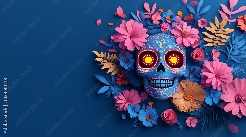 Colorful sugar skull surrounded by vibrant flowers Colorful sugar skull surrounded by vibrant flowers