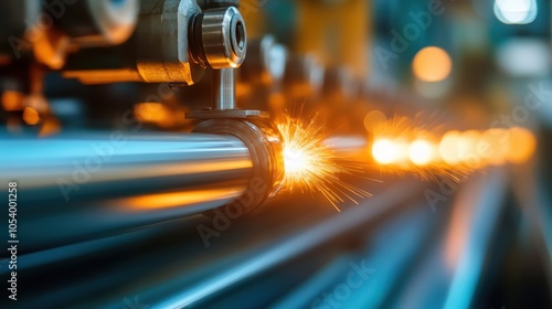 An industrial context capturing the spark-generating process on a metal rod, illustrating energy, precision, and the powerful dynamics of heavy industry technology. photo