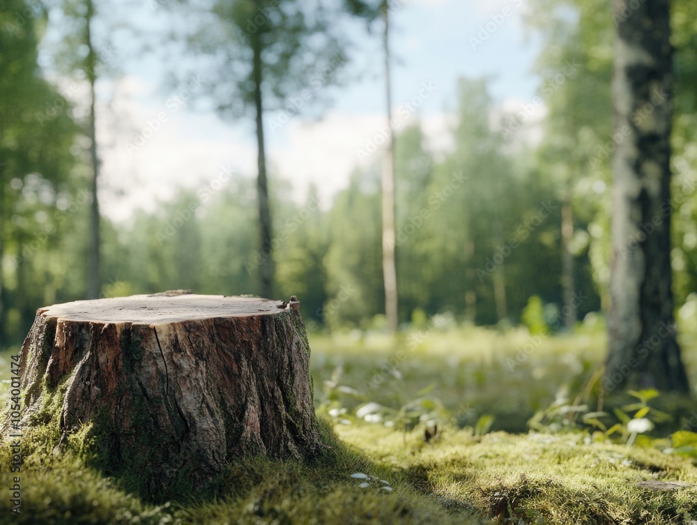 Large tree stump sits in a lush green forest. The stump is surrounded by grass and moss, giving it a peaceful and serene atmosphere. Concept of tranquility and harmony with nature Large tree stump sits in a lush green forest. The stump is surrounded by grass and moss, giving it a peaceful and serene atmosphere. Concept of tranquility and harmony with nature