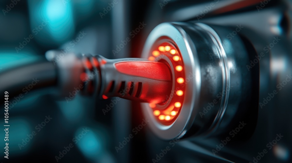 Detailed close-up of a modern connector with striking red lights, showcasing advanced technology and futuristic design, emphasizing connectivity and innovation. Detailed close-up of a modern connector with striking red lights, showcasing advanced technology and futuristic design, emphasizing connectivity and innovation.