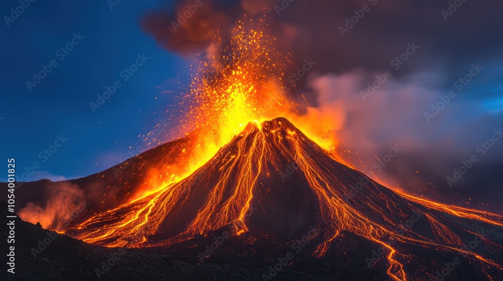 Fototapeta premium Erupting volcano with lava flows and thick smoke under twilight sky. Dramatic natural phenomenon and volcanic activity concept.