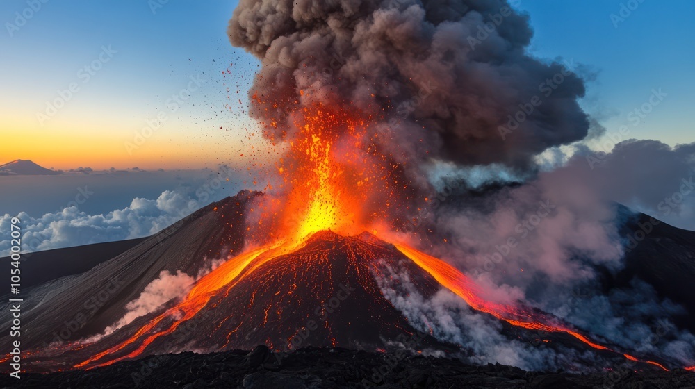 Fototapeta premium Erupting volcano with lava flows and thick smoke under twilight sky. Dramatic natural phenomenon and volcanic activity concept.