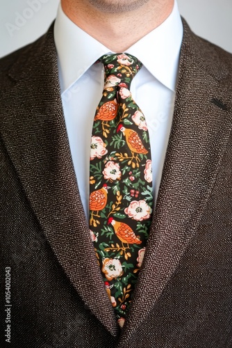 Stylish man wearing an elegant brown suit and a colorful floral tie. photo