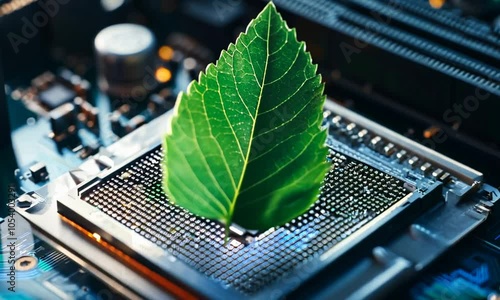 A leaf on a microchip symbolizes the fusion of nature and technology. photo