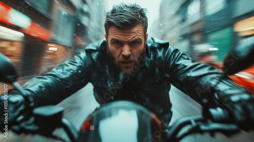 A wet motorcyclist races down a lively city boulevard, emphasizing motion and the raw energetic pulse of urban life amidst challenging weather conditions.