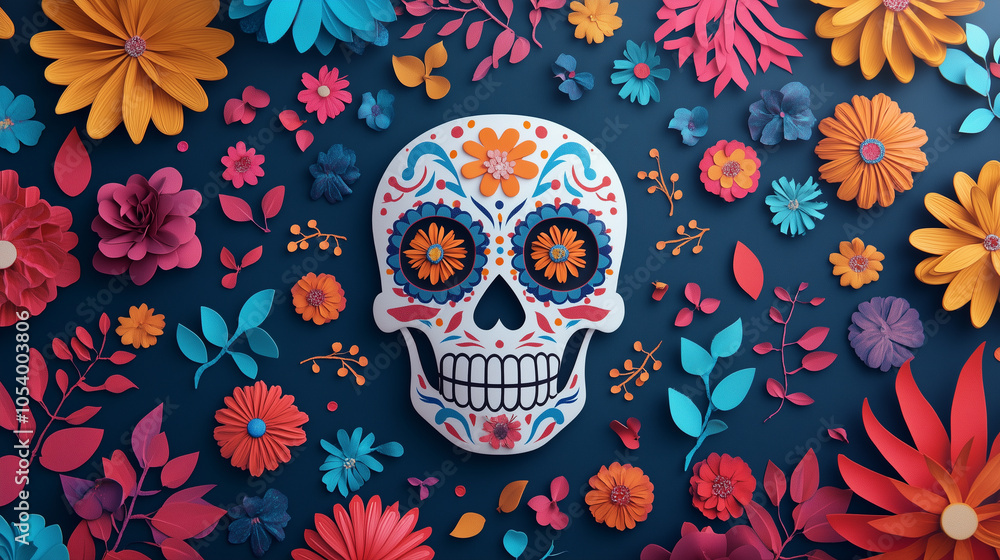 Colorful Day of the Dead skull surrounded by vibrant flowers Colorful Day of the Dead skull surrounded by vibrant flowers