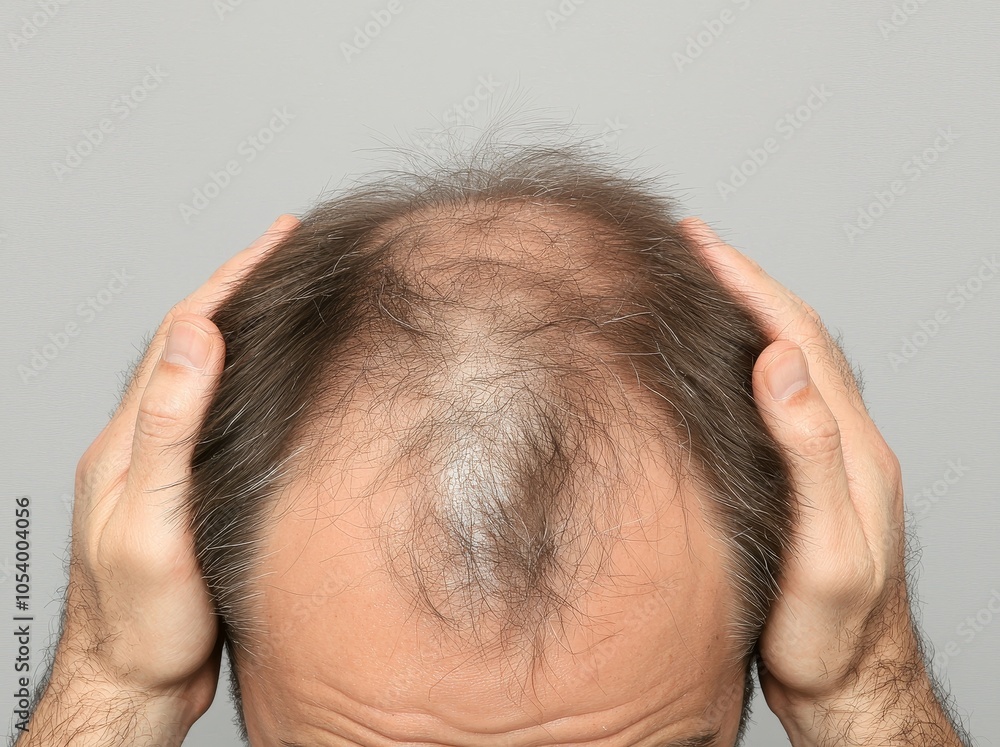 Fototapeta premium An individual with receding hair lines and thinning hair holding his hair back. Early signs of male pattern baldness.