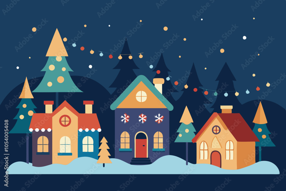 Fototapeta premium Christmas Village tiny houses and cozy Lights vector illustration
