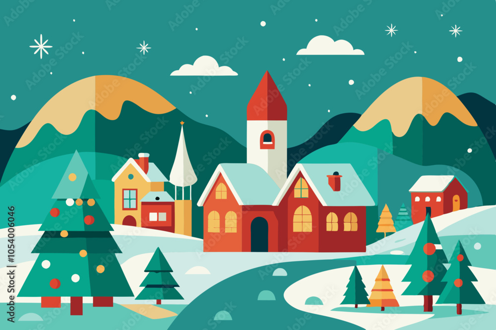 Fototapeta premium Christmas village in vintage style vector illustration