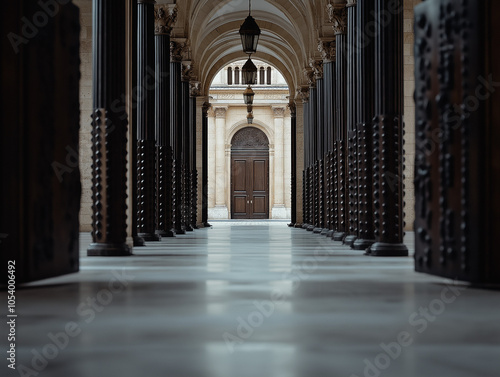 Close-up of a grand entrance with tall pillars and arch photo