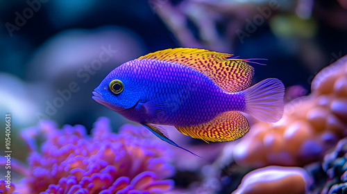 Exploring the Colorful Coral Forest with a Striking Blue Devil Damselfish and Vibrant Marine Life photo