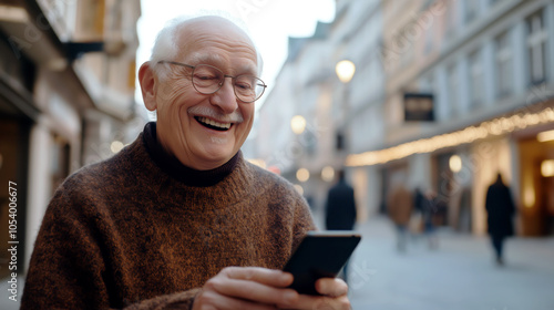  A cheerful senior man enjoys using his smartphone outdoors, showcasing the joy of technology in daily life.