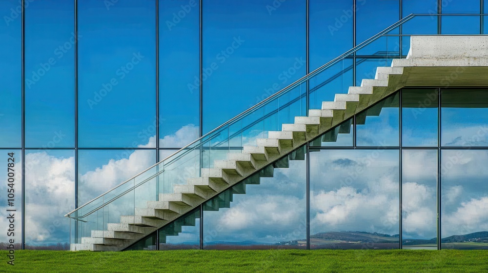 Fototapeta premium Modern Office Building with Glass Exterior in Park, Natural Lighting and Blue Sky Background