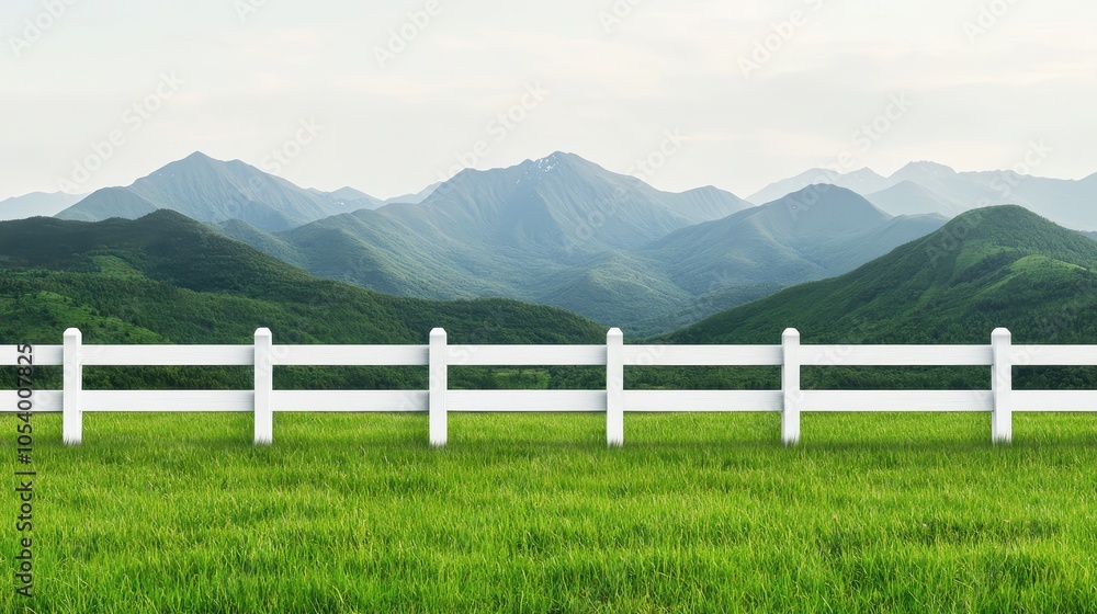 Fototapeta premium White Fence Against a Background of Lush Green Mountains, Evoking Tranquility and Open Spaces