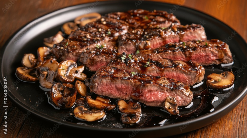 Grilled Steak with Mushrooms on Dark Plate Grilled Steak with Mushrooms on Dark Plate