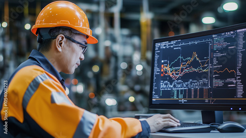 Engineer Analyzing Industrial Data:Focused engineer reviewing complex data on a large computer screen in a modern industrial facility. High-tech manufacturing, problem-solving.