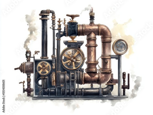 A detailed illustration of a vintage steam engine with various pipes, gauges, and gears, showcasing intricate mechanical design and industrial aesthetics.