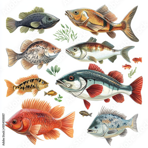Colorful illustration featuring various types of bass and other fish, showcasing their unique patterns and colors. This vibrant artwork captures beauty of aquatic life