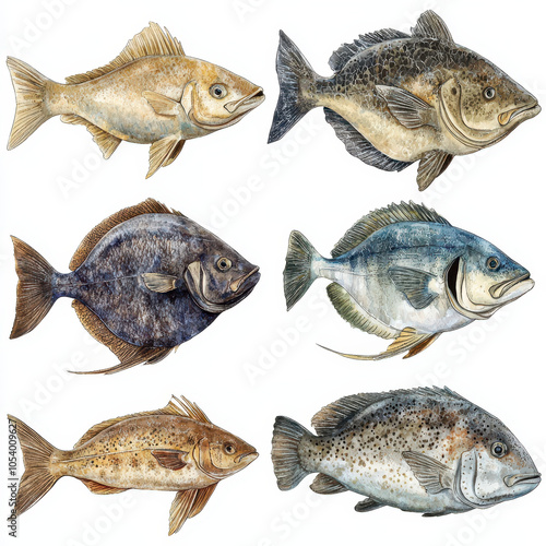 Various species of halibut and fish are illustrated in this detailed artwork, showcasing their unique features and colors. This vibrant depiction highlights diversity of marine life
