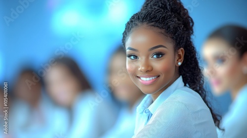 A black female leader smiles while addressing her colleagues in a bright office boardroom, fostering teamwork and collaboration during a meeting.
