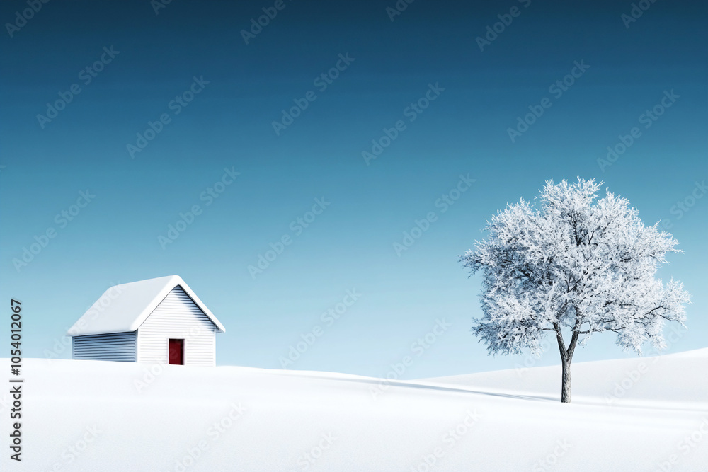 Small white house and a frost-covered tree on a snowy hill. Concept of winter, home, solitude. Small white house and a frost-covered tree on a snowy hill. Concept of winter, home, solitude.