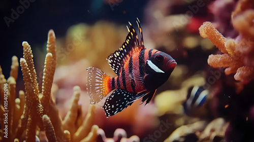 Banggai Cardinalfish (Pterapogon kauderni) Swimming in a Colorful Coral Reef Ecosystem photo