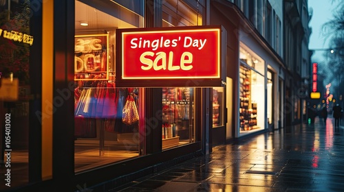 Brightly lit storefront with "Singles' Day Sale" sign, emphasizing discounts, with room for text