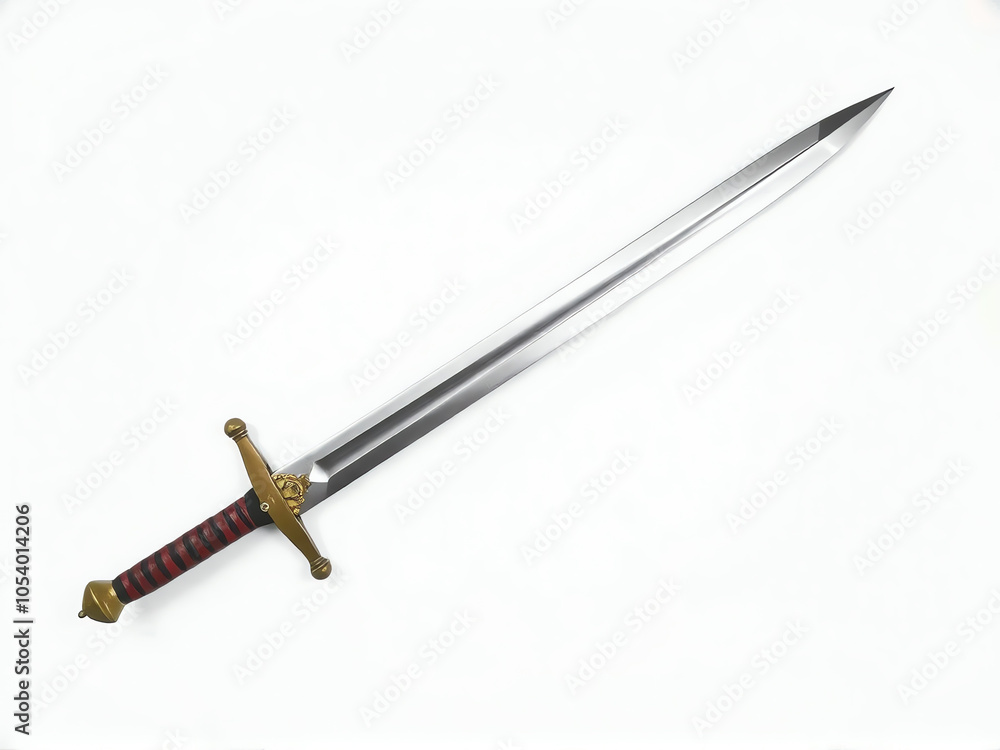 A finely crafted medieval sword with a polished blade and ornate handle displayed against a white background A finely crafted medieval sword with a polished blade and ornate handle displayed against a white background