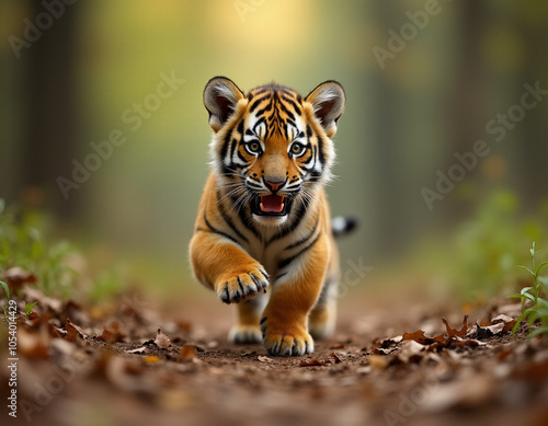 tiger cub walking in the woods photo