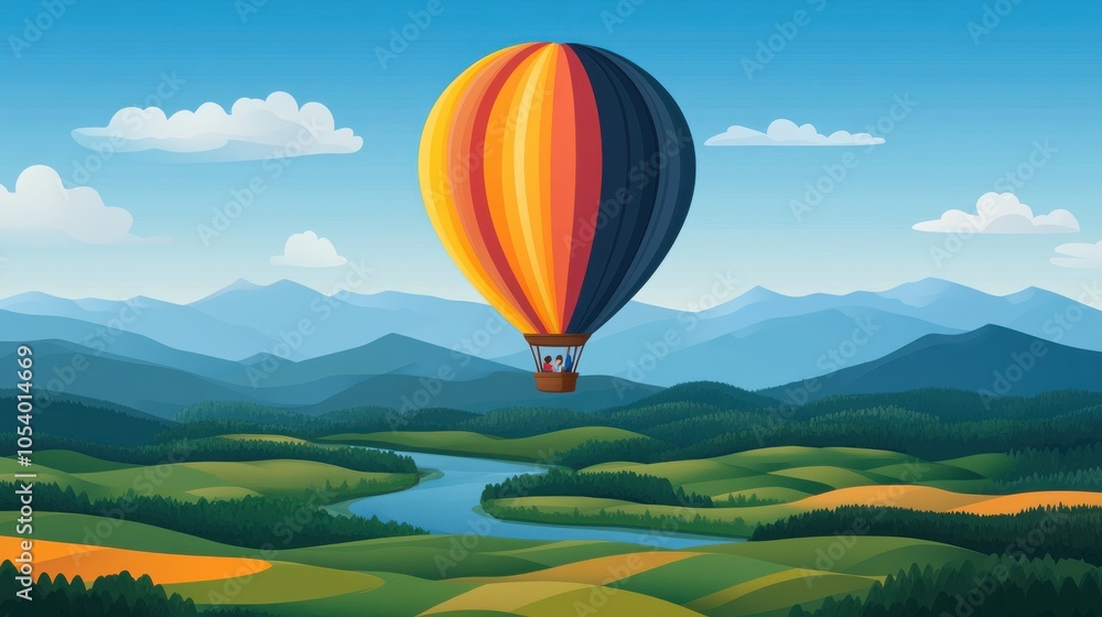 Fototapeta premium Vibrant Hot Air Balloon Floating Over Scenic Landscape