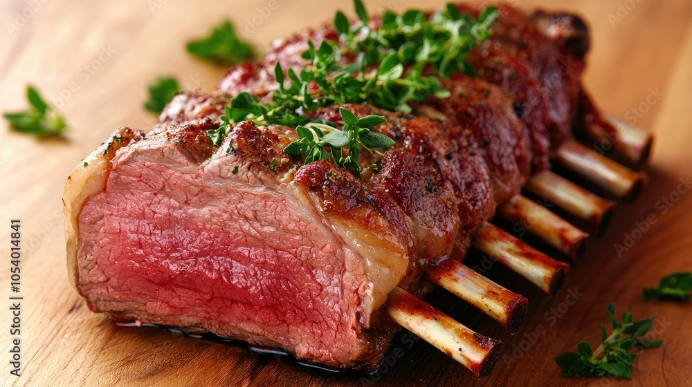 Rack of Lamb with Garlic and Herbs on Wooden Board Rack of Lamb with Garlic and Herbs on Wooden Board