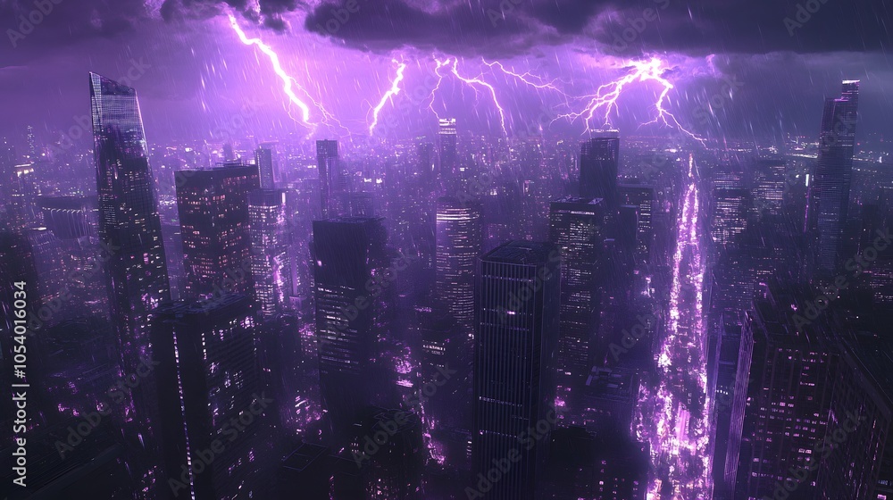 Obraz premium A dramatic night view of a futuristic city under a purple lightning storm, with skyscrapers illuminated by vibrant, electric strikes..