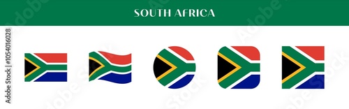 Set of South Africa national flag icons in various styles on transparent background